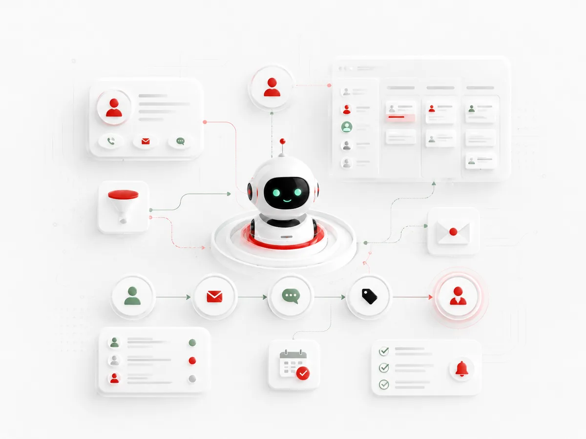 Connected business automation and CRM workflow showing leads, messages, tasks, and follow-ups.