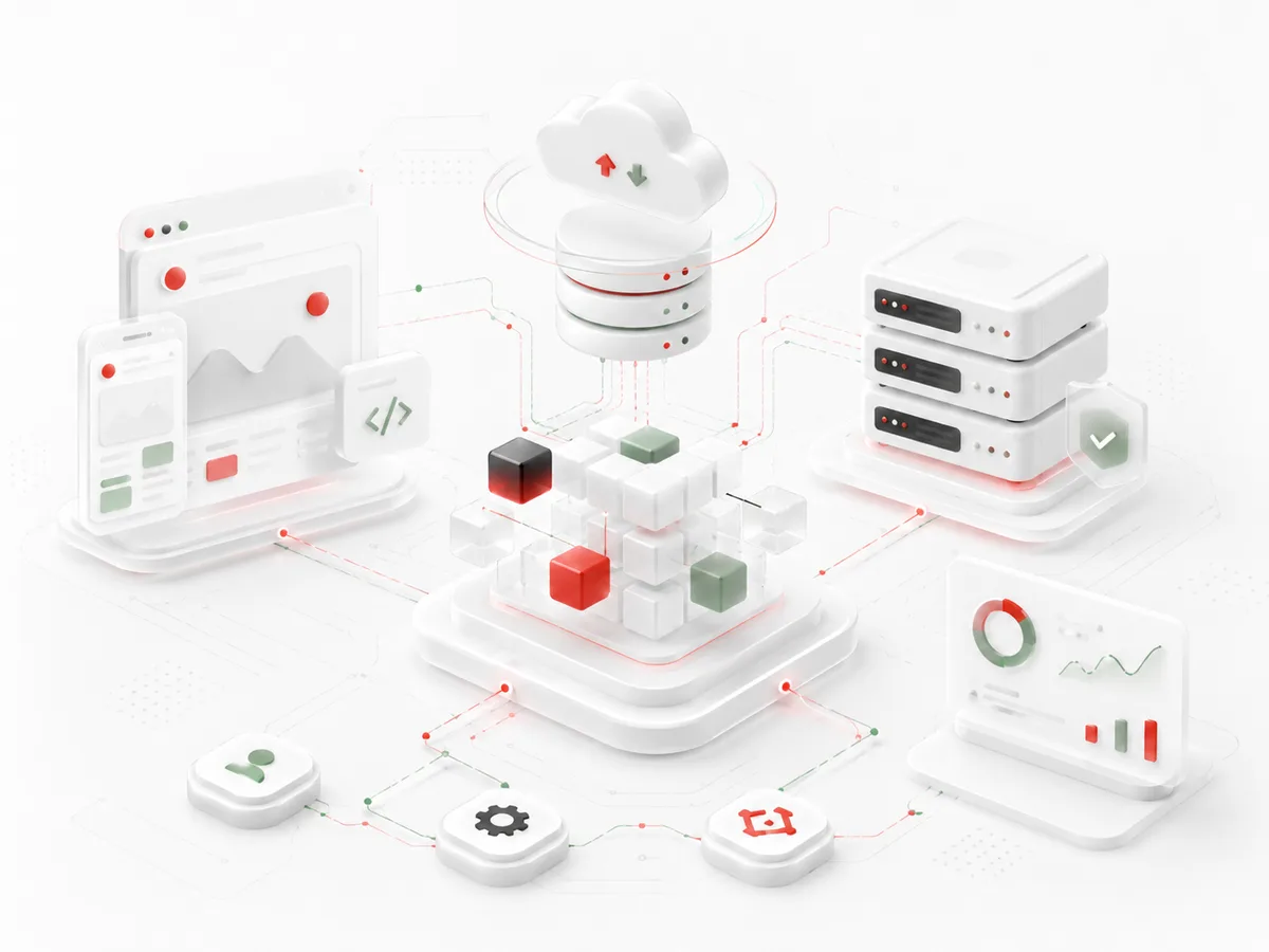 Full-stack software architecture connecting cloud services, interfaces, servers, databases, and analytics.