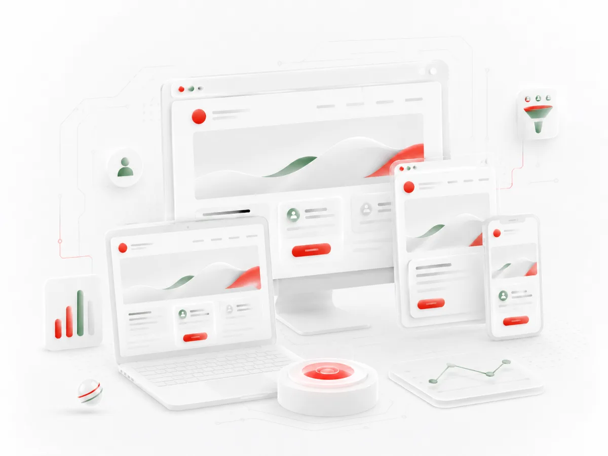 Modern responsive website interfaces shown across desktop, laptop, tablet, and mobile devices.