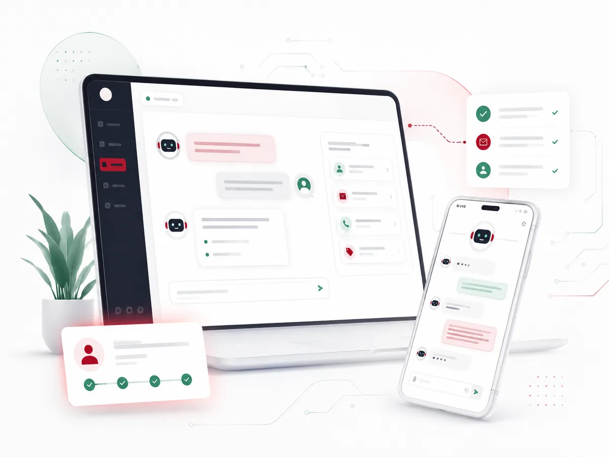 AI customer support assistant interface across a laptop dashboard and a mobile chat, showing conversation, lead capture, and qualification steps.