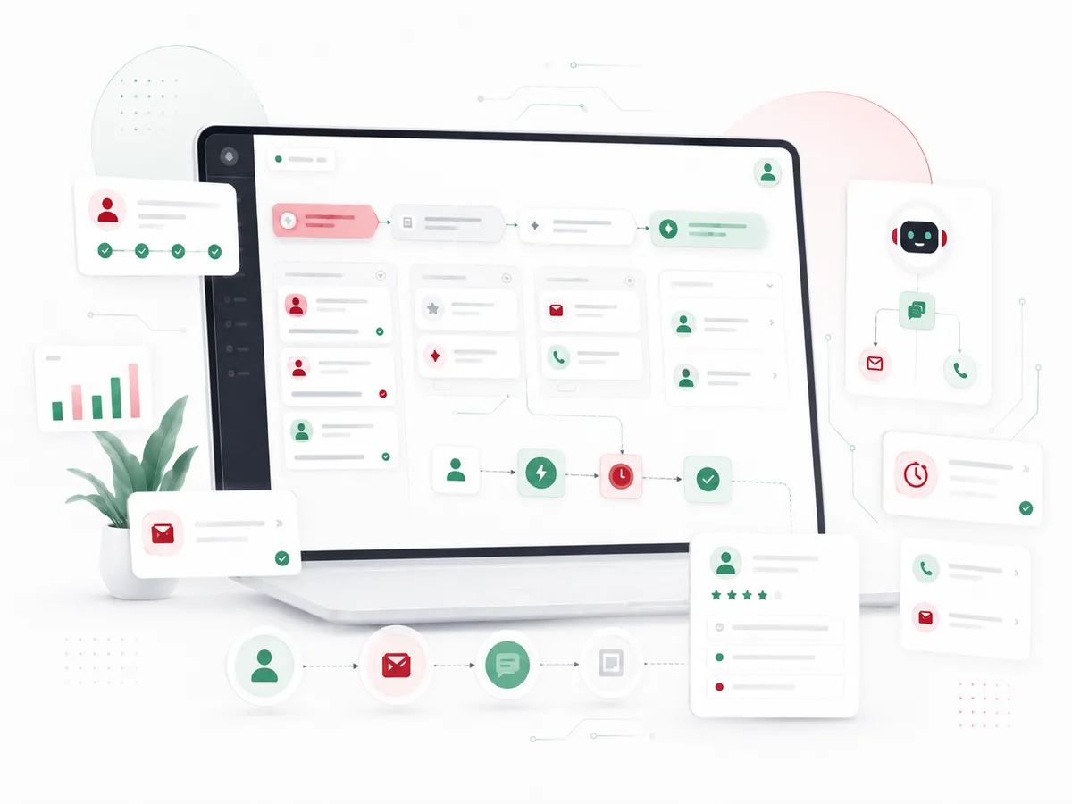 Business automation and CRM workflow on a laptop, showing a lead pipeline, follow-up reminders, and connected email and call steps.