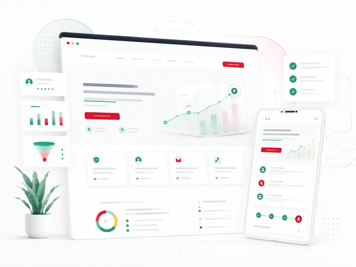 Conversion-focused business website shown on a browser window and a phone, with a growth chart, service cards, and clear calls to action.