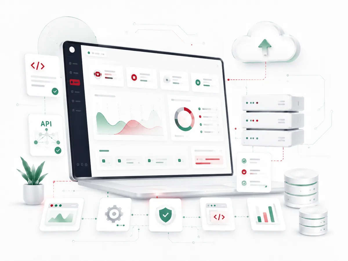 Full-stack operations dashboard on a laptop connected to cloud storage, servers, and databases with API and security nodes.